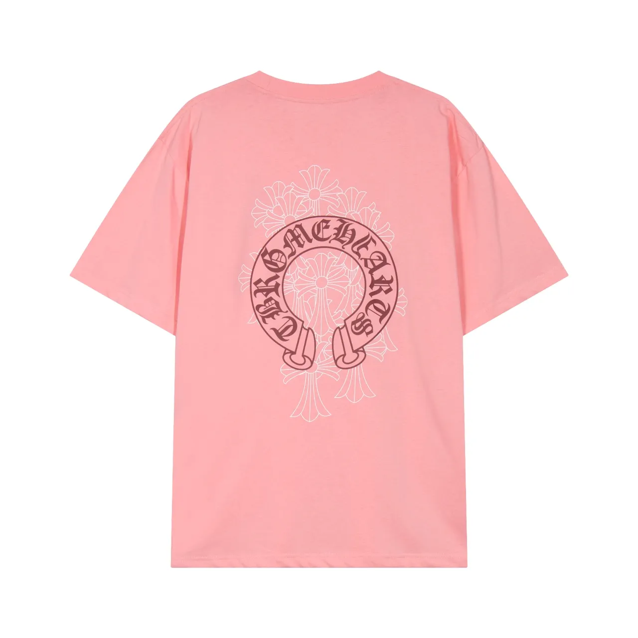 P140 Chrome Hearts Sanskrit Horseshoe Cross Print Cherry Blossom Pink Short Sleeves Size: SMLXL Color: Pink